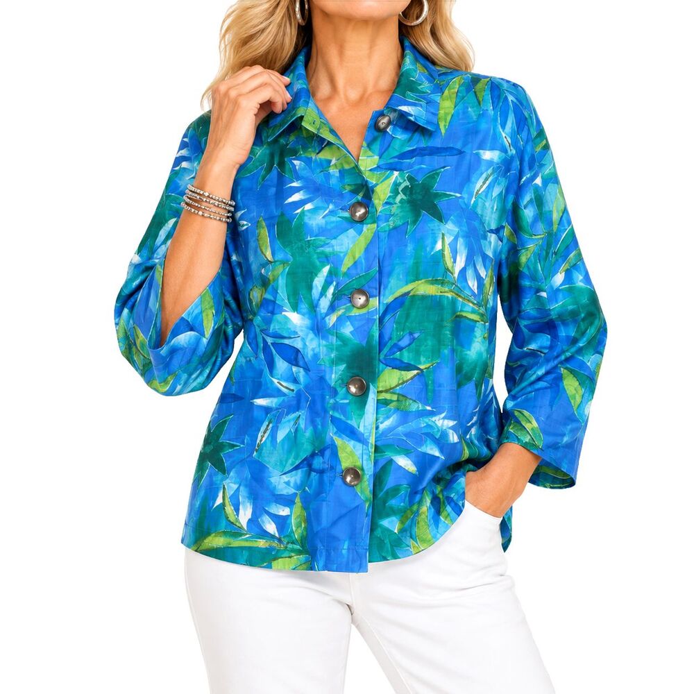 Chicos Womens Silk Shirt 1 M Blue Green Floral Embroidered Beaded Button Up Top
